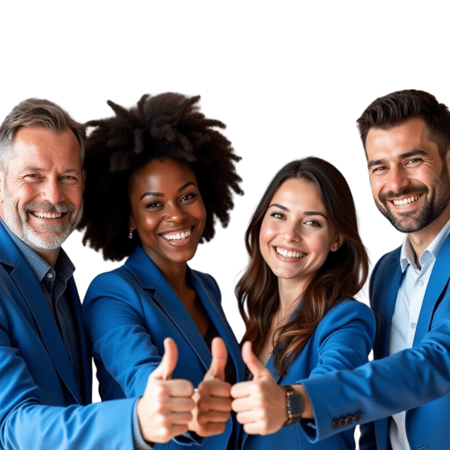 "Photo illustrant la diversité et l’inclusion en entreprise : quatre personnes de différentes origines et générations unies par un geste positif et engageant."